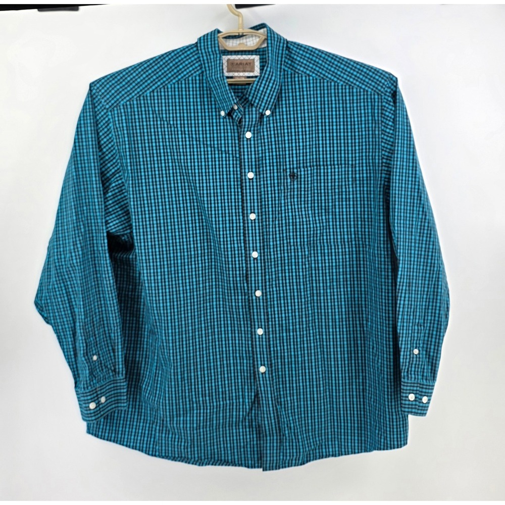 Ariat Men XXL Shirt Teal Black Gingham Plaid Long Sleeve Western Cotton Work Top